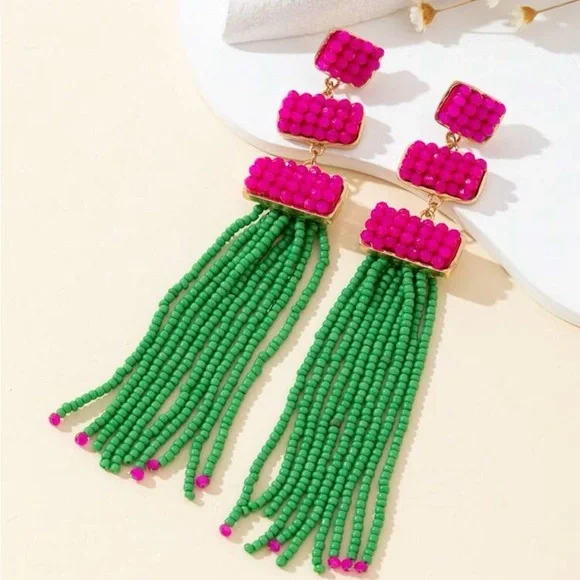 Pink and Green Beaded Tassel Earrings - Picture 1 of 1